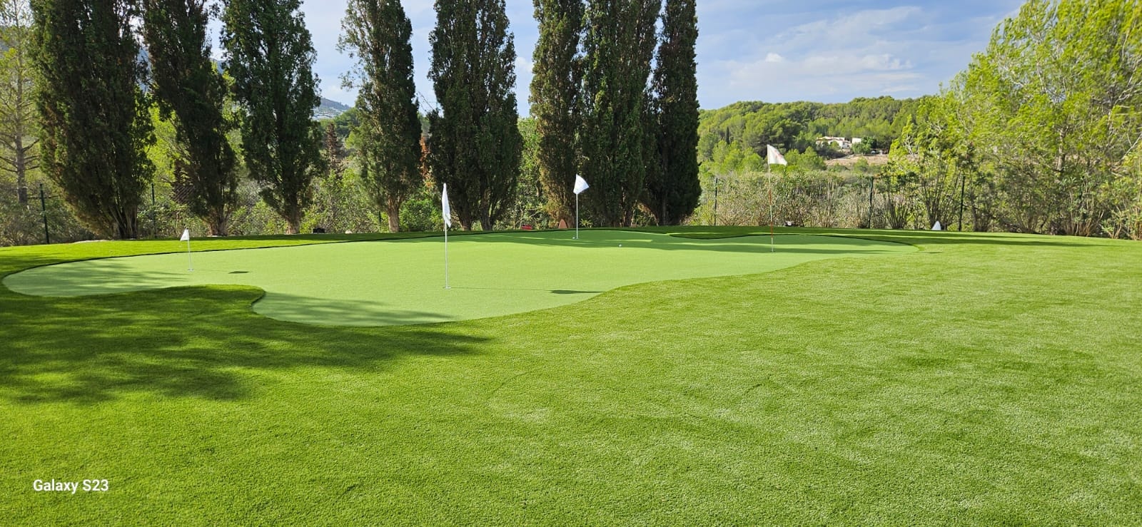 Golf course with cypress trees and flags artificial grass Spain